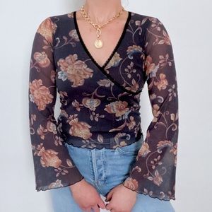Y2K Vintage Floral Bell Sleeve Black Mesh Wrap Top
